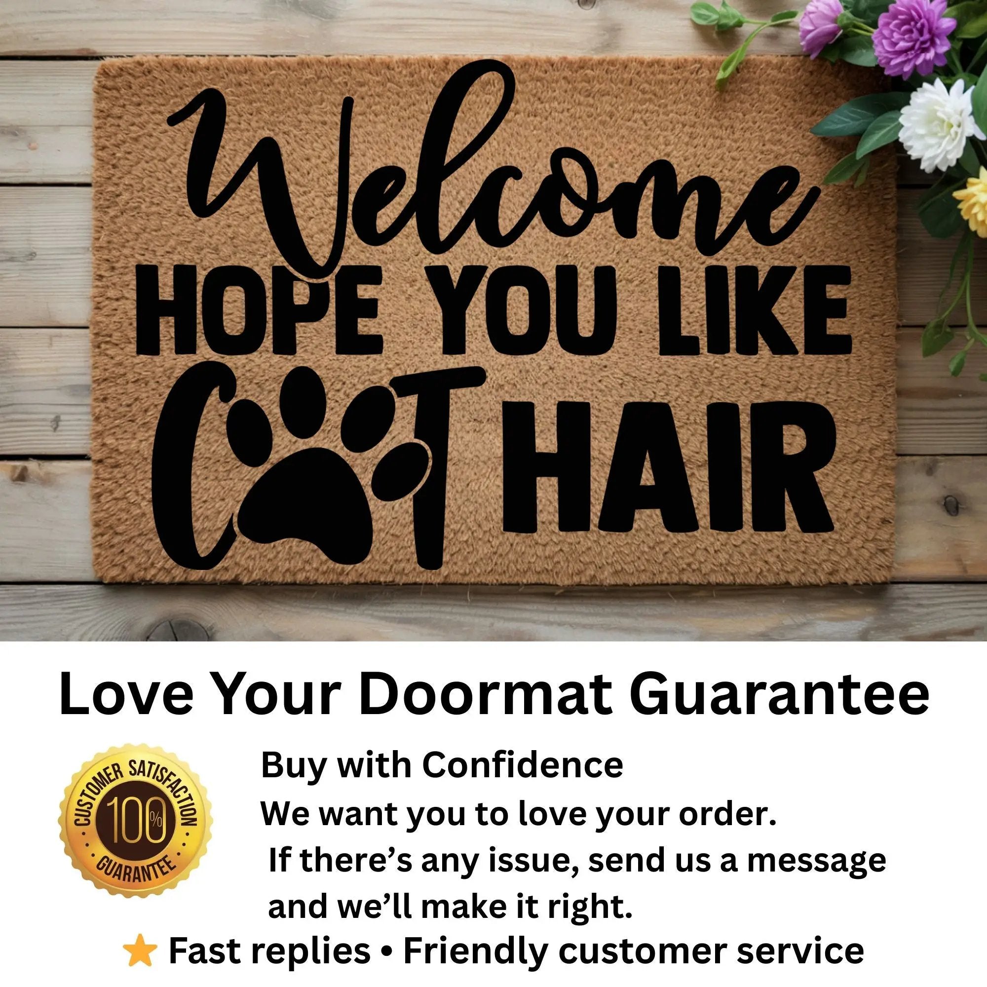 Funny Cat Lover Doormat – “Welcome Hope You Like Cat Hair” | Coir Welcome Mat with Paw Print | Gift for Cat Owners, Pet Homes & Crazy Cat Moms