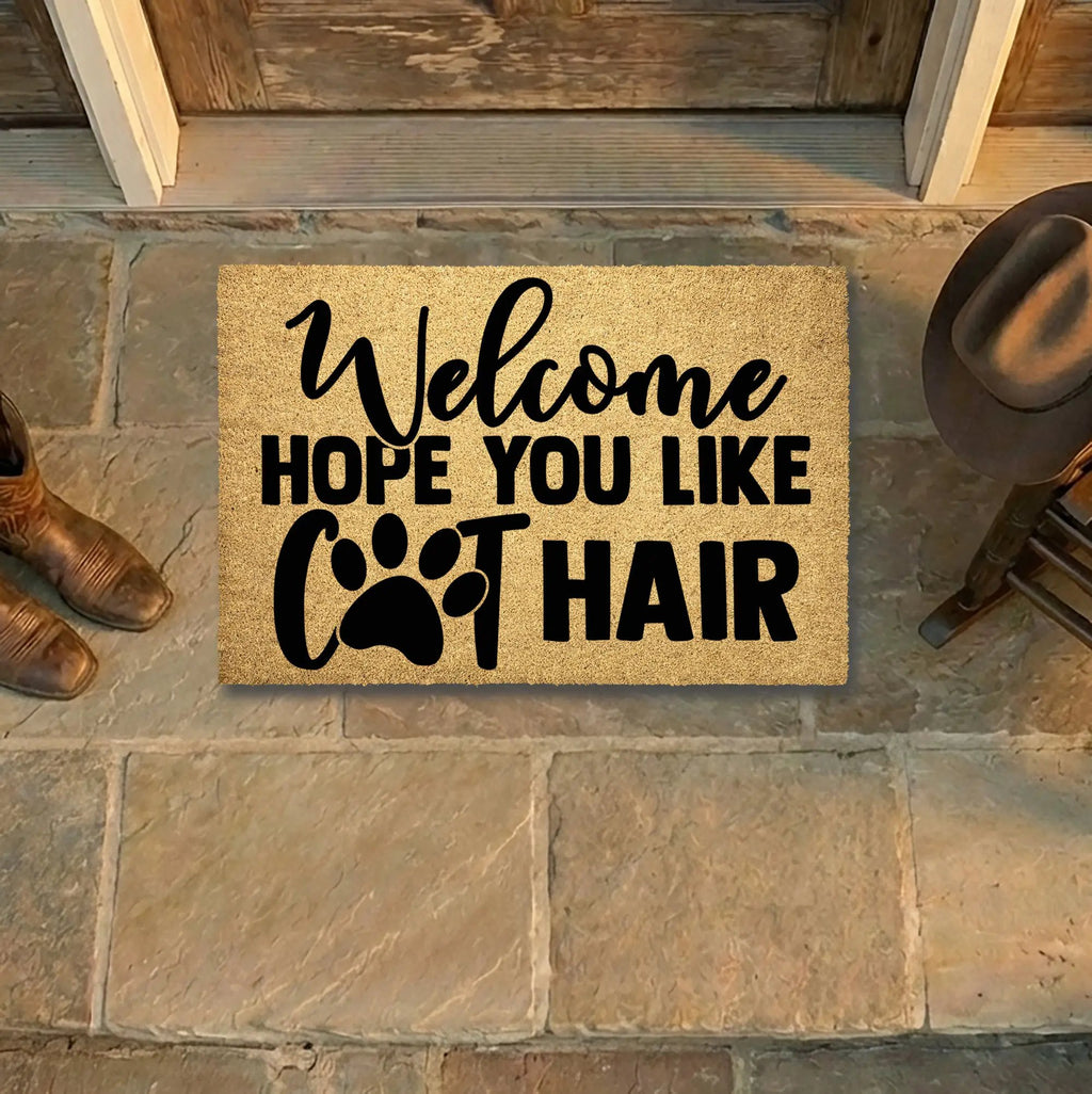 Funny Cat Lover Doormat – “Welcome Hope You Like Cat Hair” | Coir Welcome Mat with Paw Print | Gift for Cat Owners, Pet Homes & Crazy Cat Moms