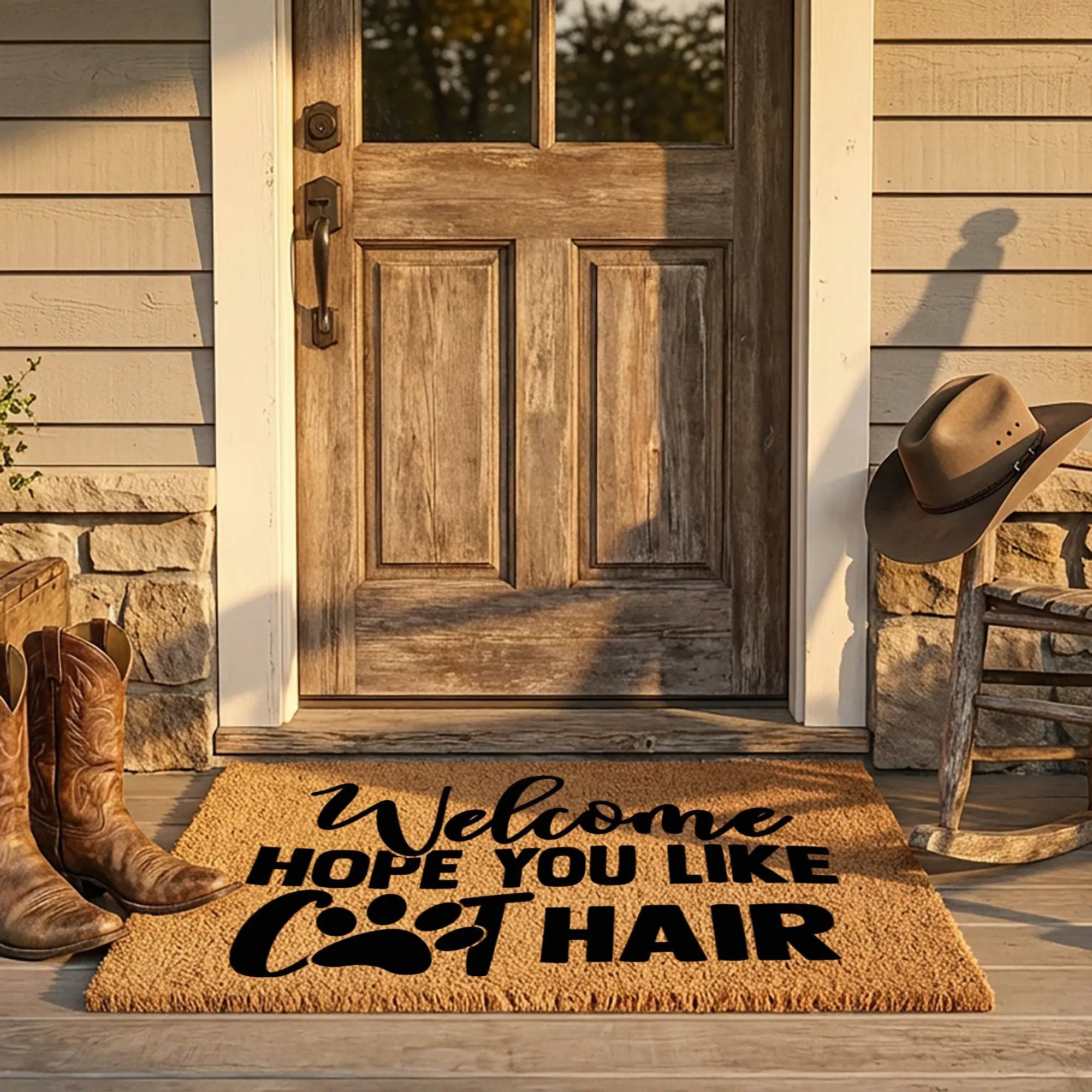Funny Cat Lover Doormat – “Welcome Hope You Like Cat Hair” | Coir Welcome Mat with Paw Print | Gift for Cat Owners, Pet Homes & Crazy Cat Moms