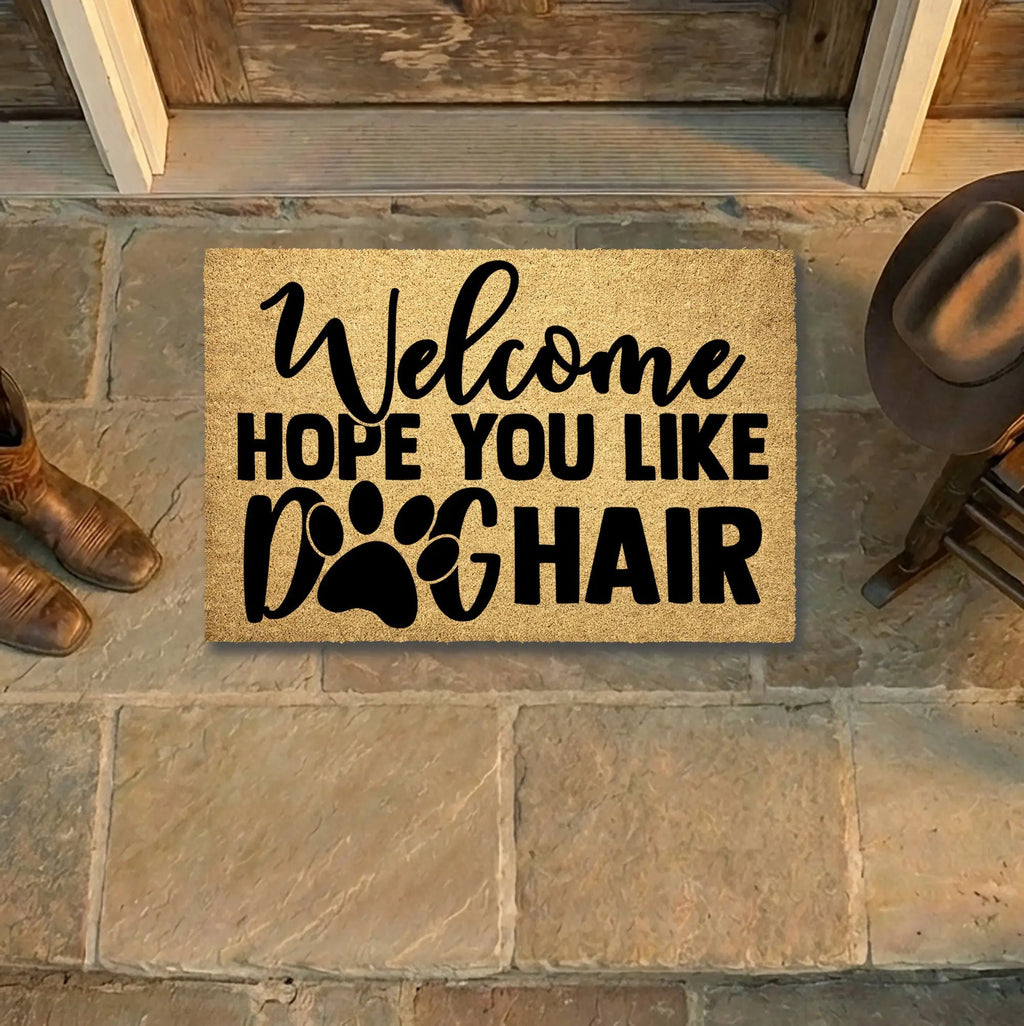 Funny Dog Lover Doormat – “Welcome Hope You Like Dog Hair” | Coir Welcome Mat with Paw Print | Gift for Dog Owners, Pet Homes & Dog Moms