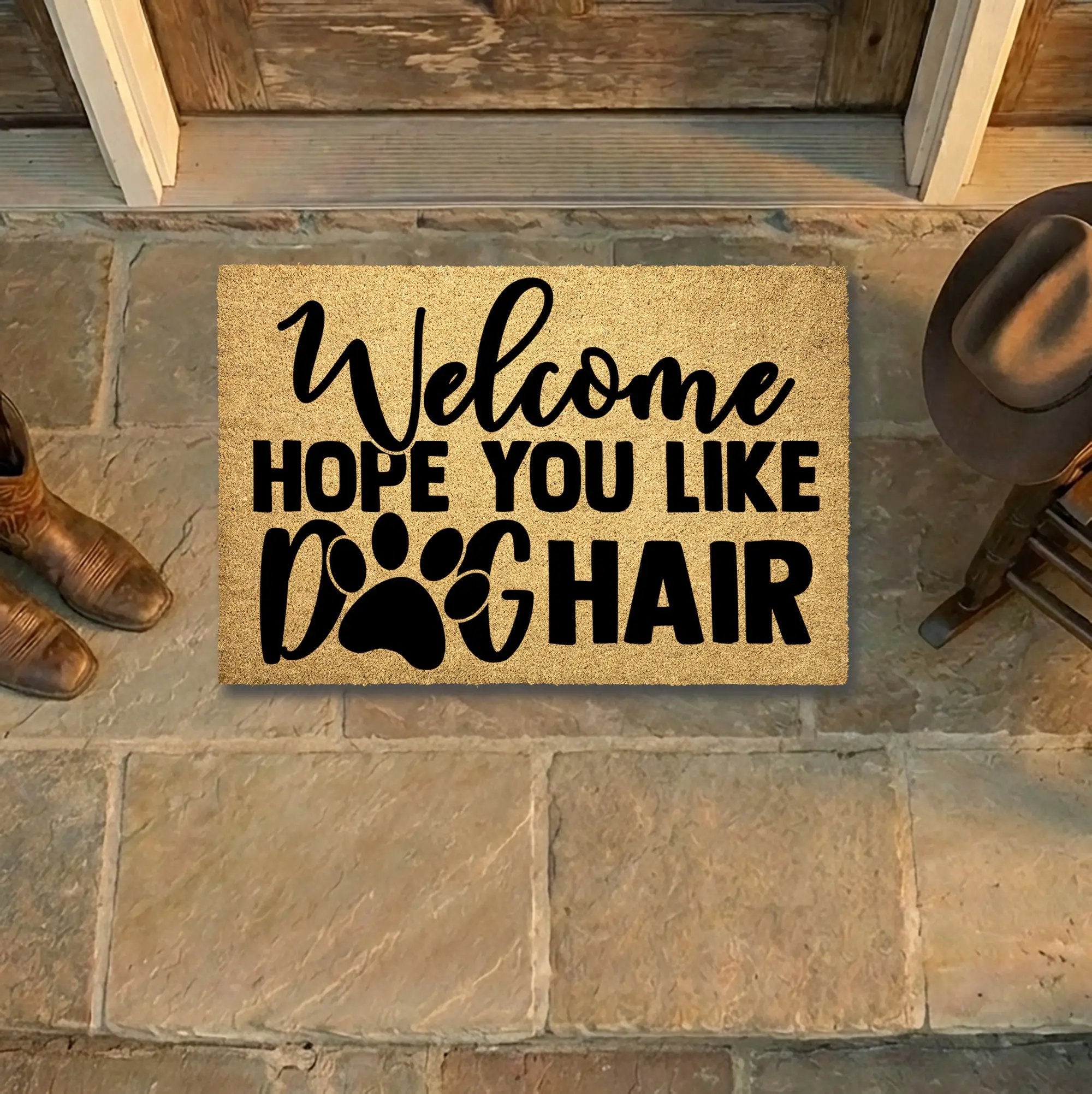 Funny Dog Lover Doormat – “Welcome Hope You Like Dog Hair” | Coir Welcome Mat with Paw Print | Gift for Dog Owners, Pet Homes & Dog Moms