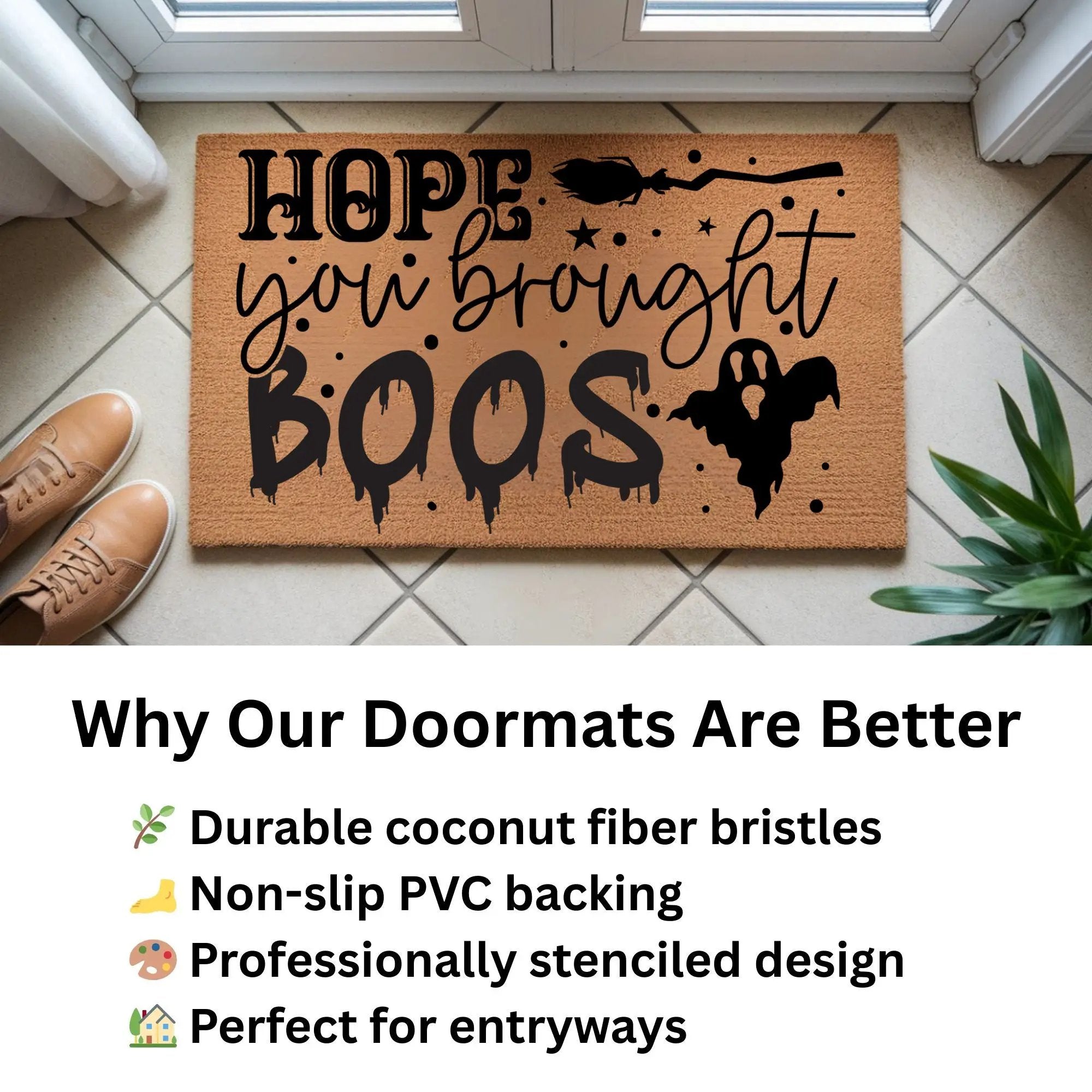 Hope You Brought Boos Halloween Coir Doormat – Funny Ghost and Witch Themed Entryway Mat | Spooky Front Porch Decor | Trick or Treat Welcome Mat