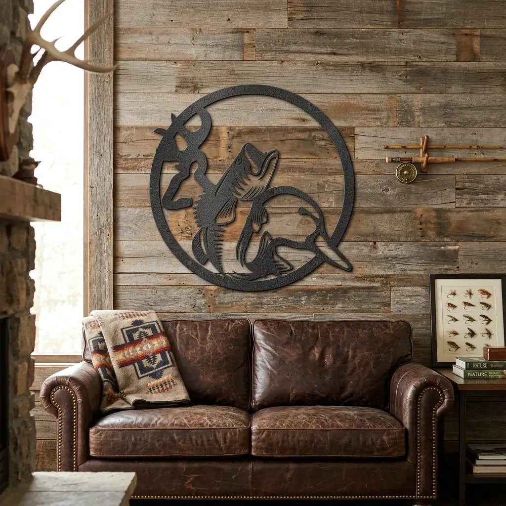 Hunting & Fishing Metal Wall Art – Deer, Duck and Bass Rustic Steel Sign