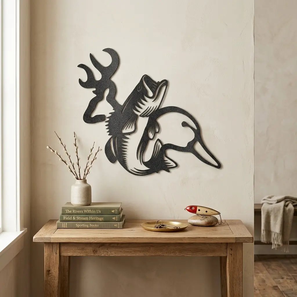 Hunting & Fishing Metal Wall Art – Deer, Duck and Bass Rustic Steel Sign