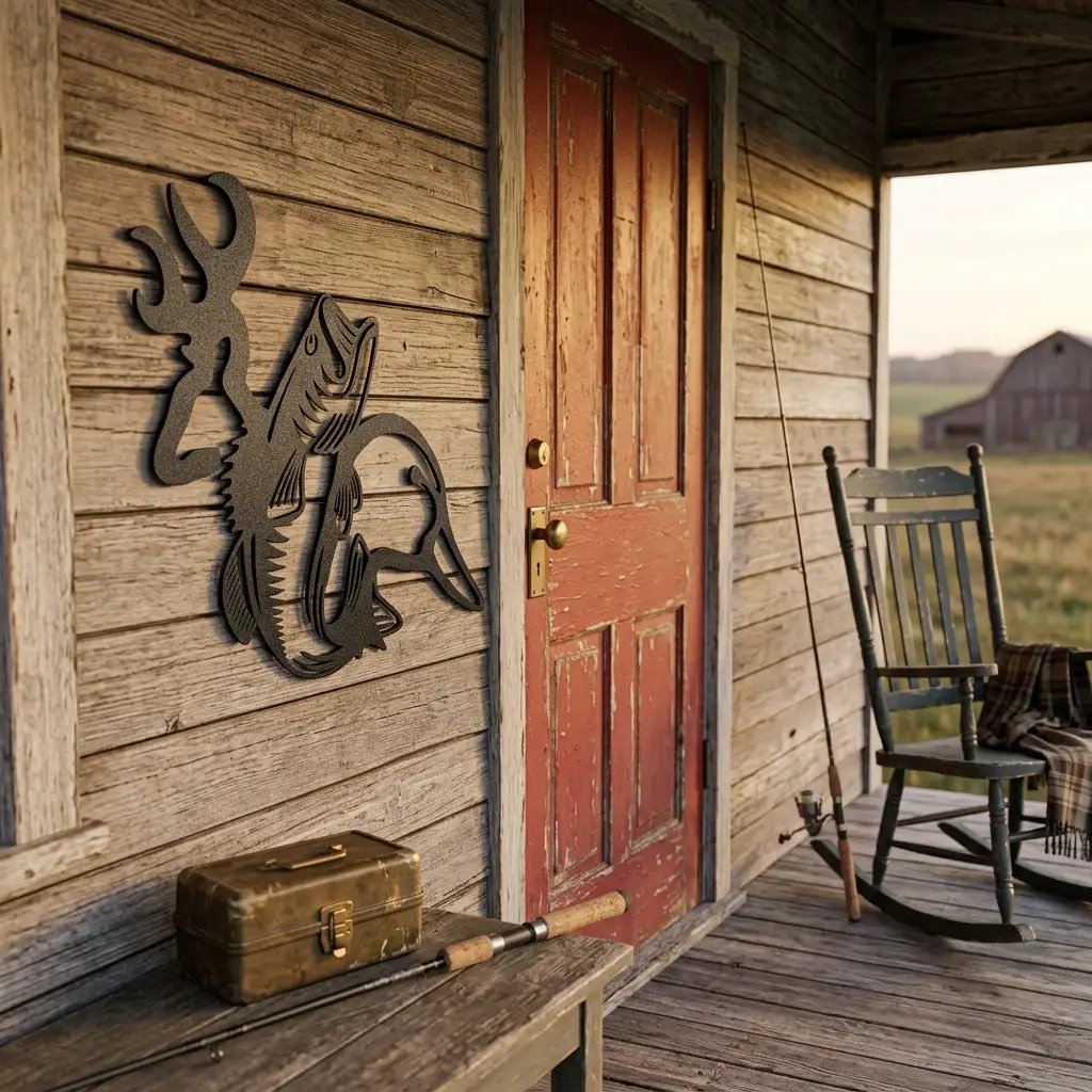 Hunting & Fishing Metal Wall Art – Deer, Duck and Bass Rustic Steel Sign