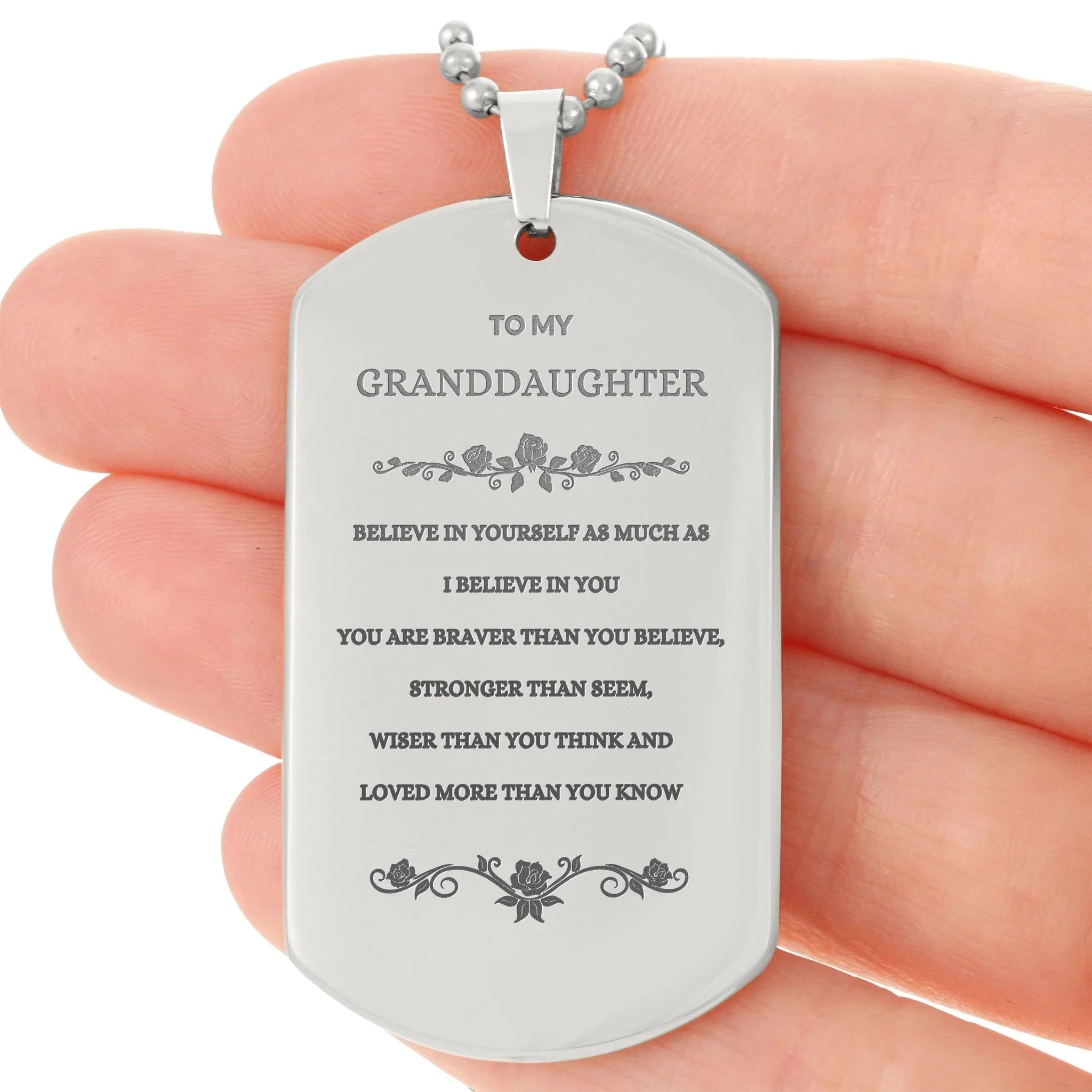 Granddaughter Engraved Silver Dog Tag Necklace, Motivational Heartfelt Birthday, Christmas Holiday Gifts For Granddaughter, You are Braver than you Believe, Loved More than you Know