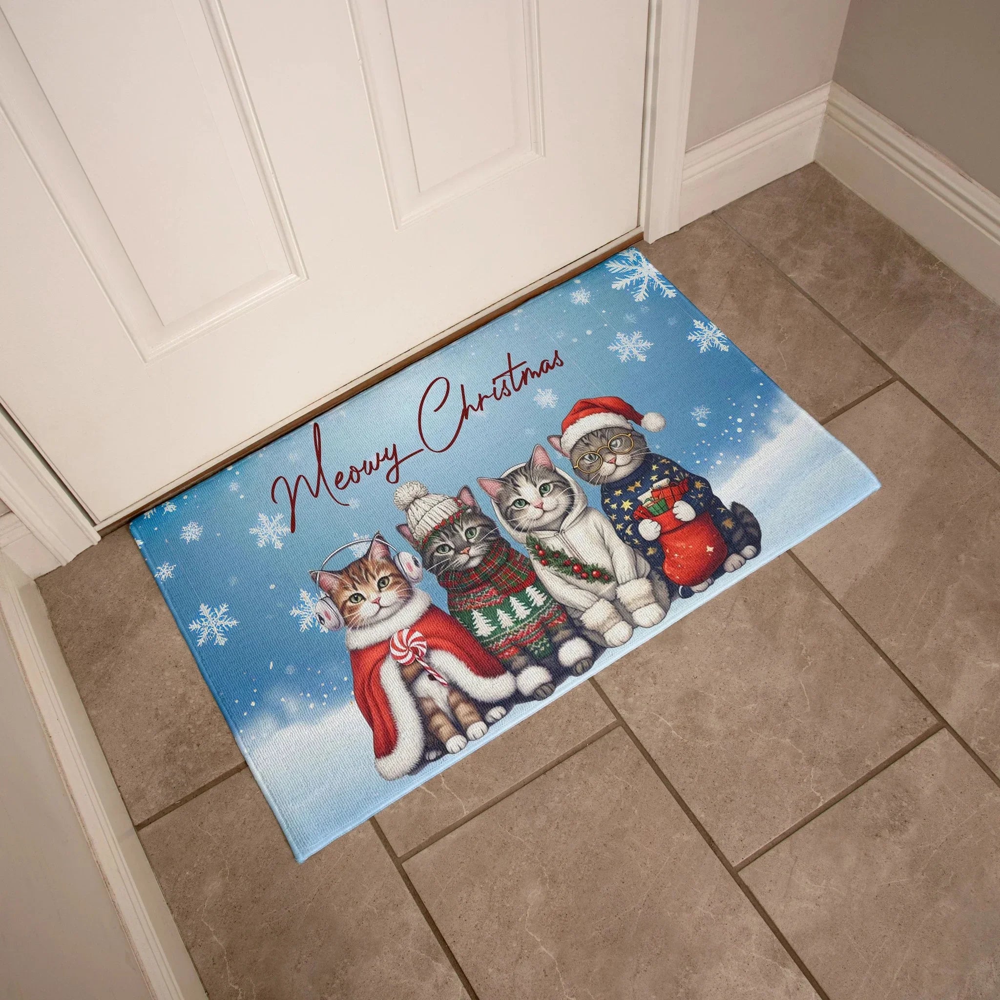Meowy Christmas Doormat – Full Color Cat Holiday Welcome Mat Gift