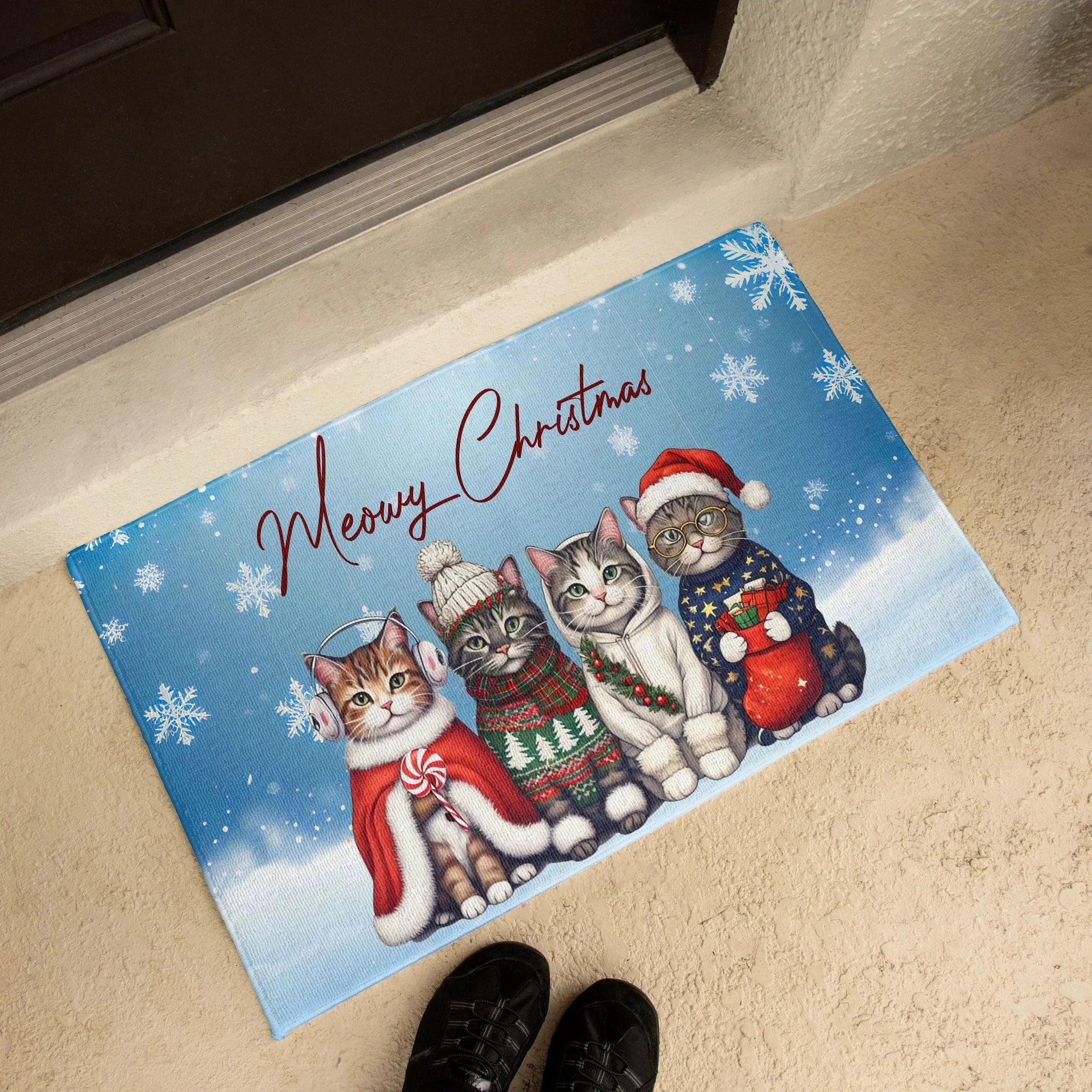 Meowy Christmas Doormat – Full Color Cat Holiday Welcome Mat Gift