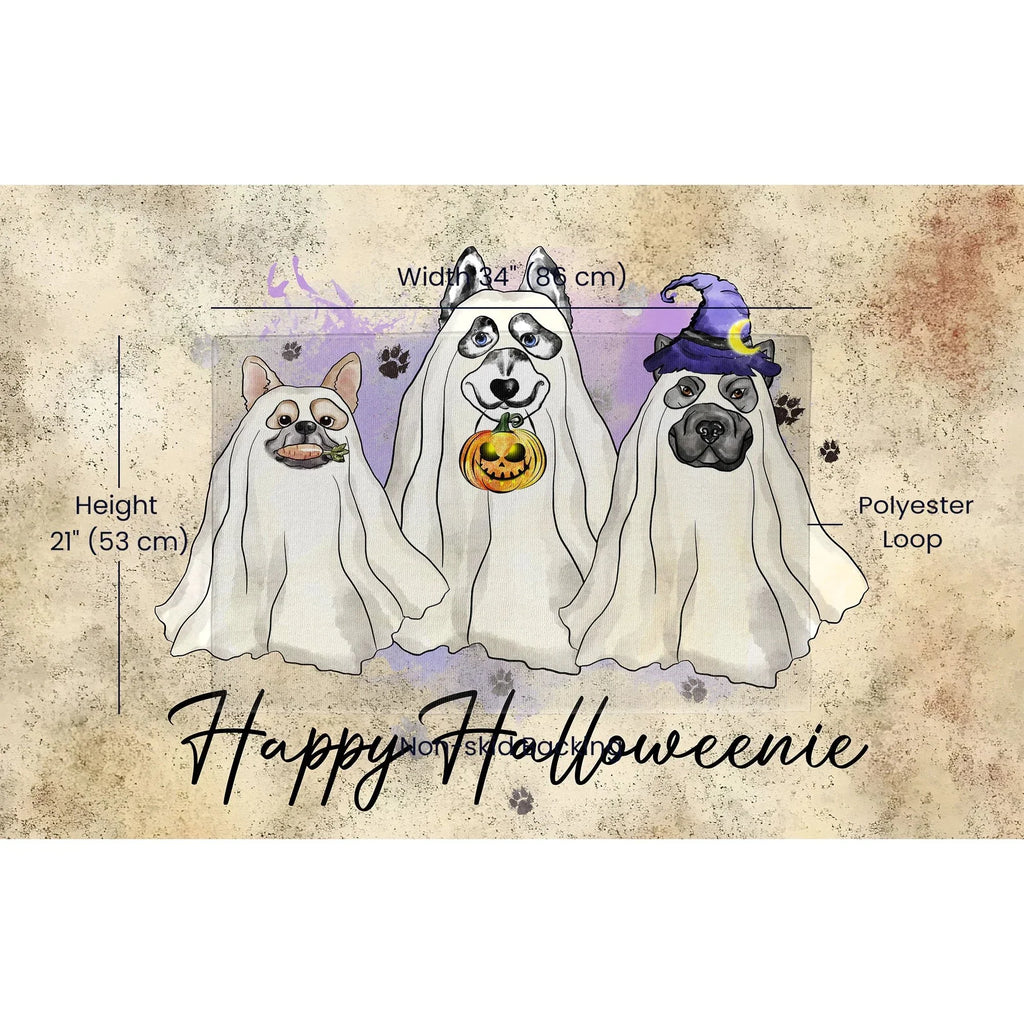 Happy Halloweenie Dog Doormat – Funny Ghost Dogs Welcome Mat – Cute Spooky Fall Décor for Dog Lovers