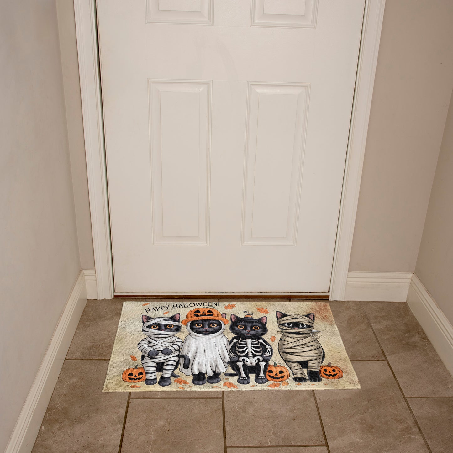 Happy Halloween Cat Doormat – Cute Black Cats in Costumes Welcome Mat – Funny Spooky Fall Décor for Cat Lovers - Mallard Moon