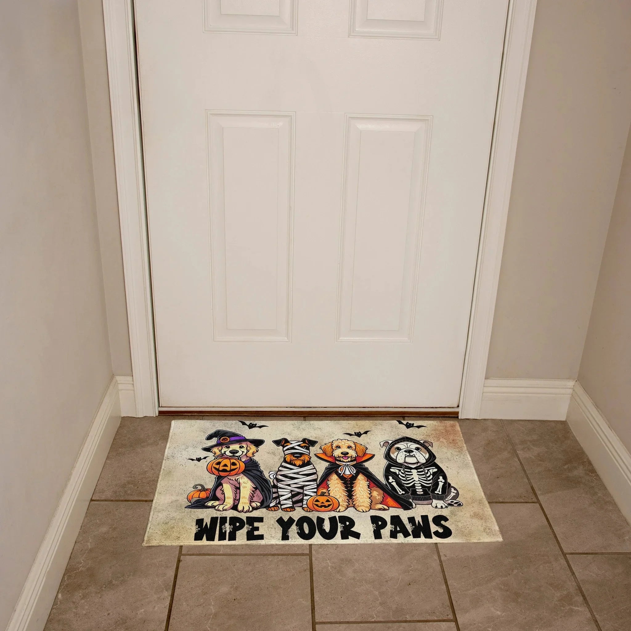 Wipe Your Paws Halloween Doormat – Cute Dogs in Costumes Welcome Mat – Funny Spooky Fall Decor for Dog Lovers