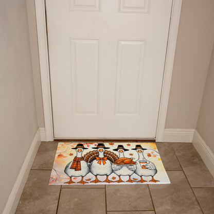 Thanksgiving Goose Family Doormat – Funny Fall Welcome Mat with Pilgrim Geese, Turkey, and Pumpkin Latte – Autumn Front Porch Décor