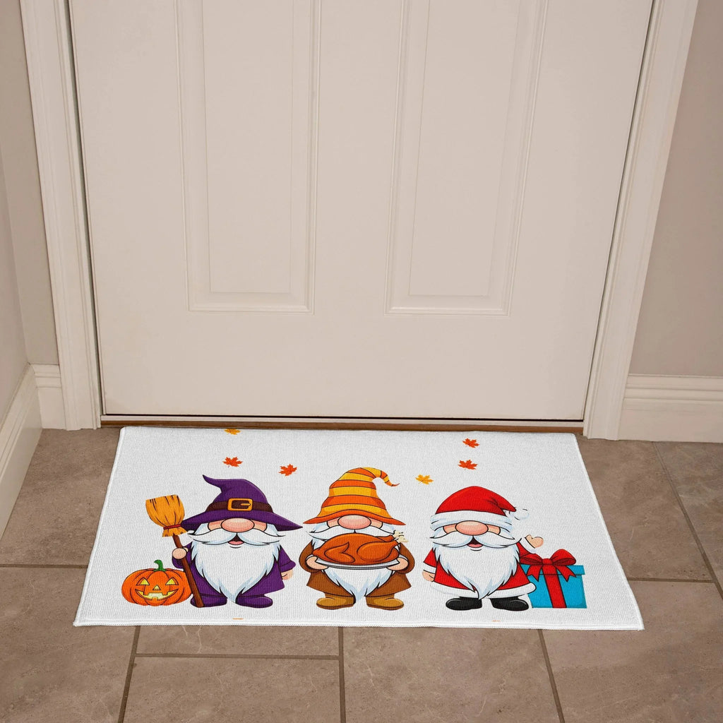 Holiday Gnome Trio Doormat – Halloween, Thanksgiving & Christmas All-in-One Welcome Mat – Cute Seasonal Full-Color Entry Rug