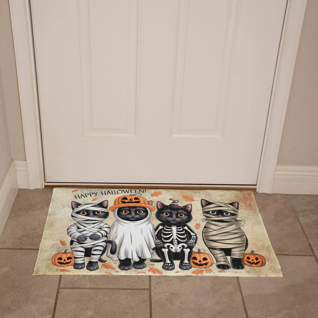 Happy Halloween Cat Doormat – Cute Black Cats in Costumes Welcome Mat – Funny Spooky Fall Décor for Cat Lovers