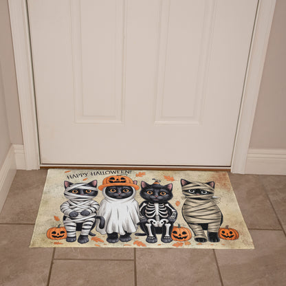 Happy Halloween Cat Doormat – Cute Black Cats in Costumes Welcome Mat – Funny Spooky Fall Décor for Cat Lovers - Mallard Moon