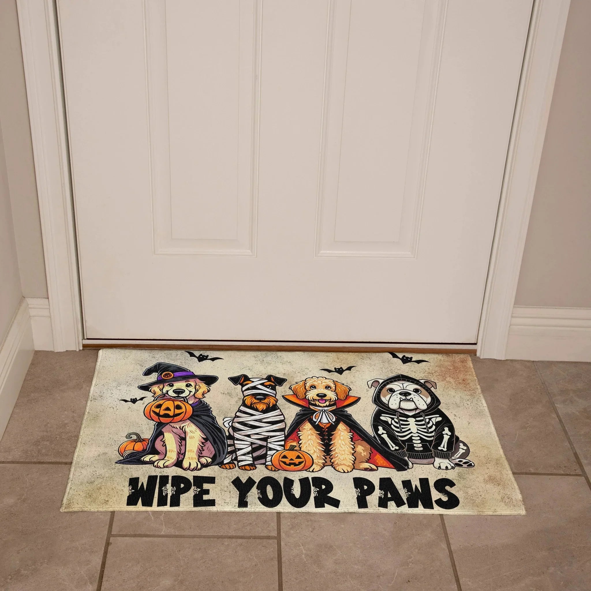 Wipe Your Paws Halloween Doormat – Cute Dogs in Costumes Welcome Mat – Funny Spooky Fall Decor for Dog Lovers