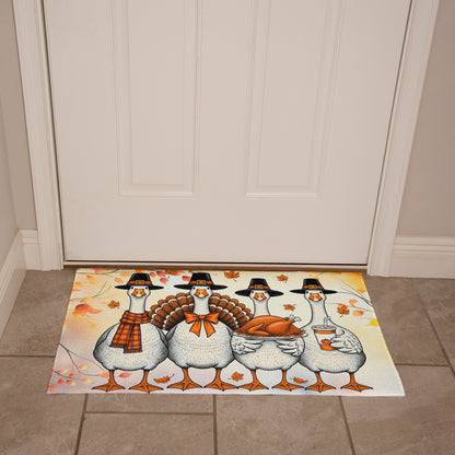 Thanksgiving Goose Family Doormat – Funny Fall Welcome Mat with Pilgrim Geese, Turkey, and Pumpkin Latte – Autumn Front Porch Décor