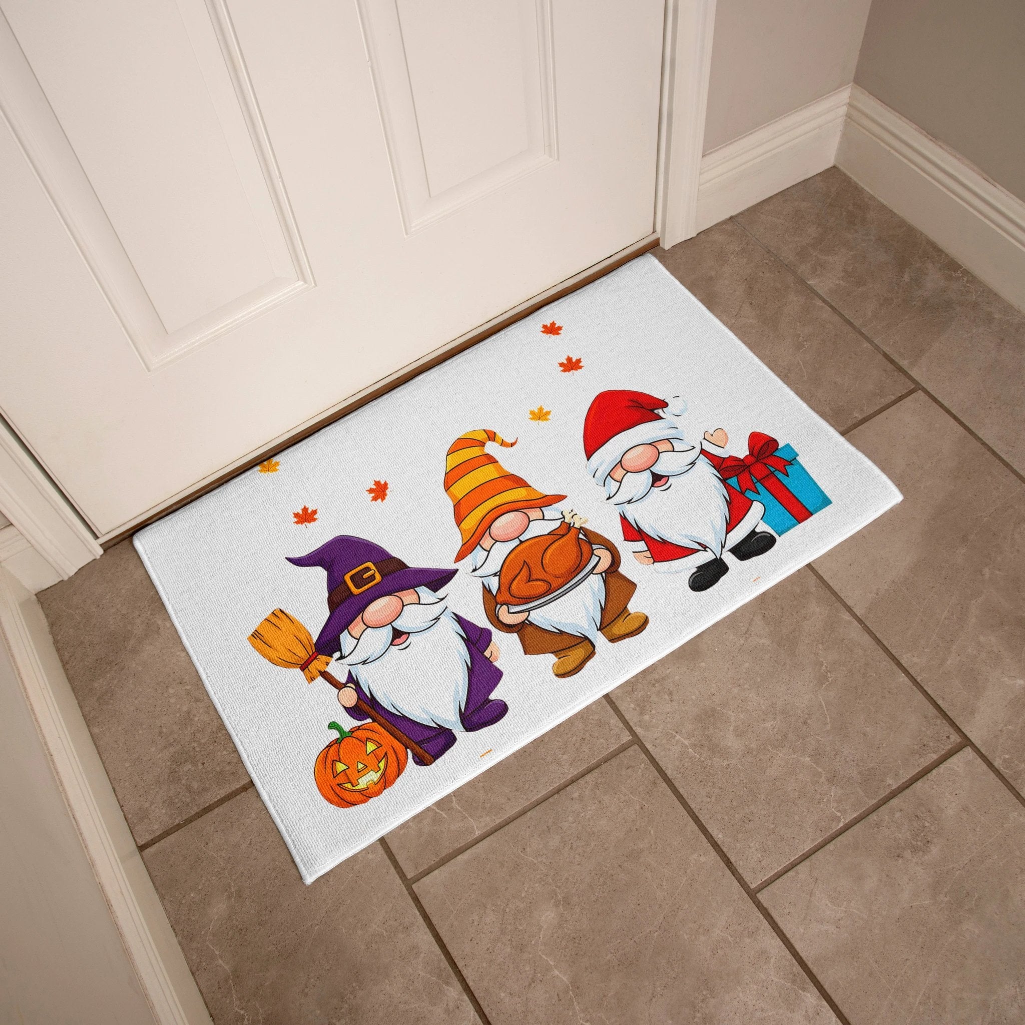 Holiday Gnome Trio Doormat – Halloween, Thanksgiving & Christmas All-in-One Welcome Mat – Cute Seasonal Full-Color Entry Rug