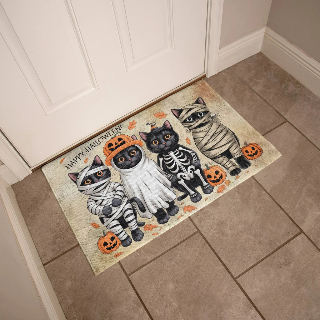 Happy Halloween Cat Doormat – Cute Black Cats in Costumes Welcome Mat – Funny Spooky Fall Décor for Cat Lovers