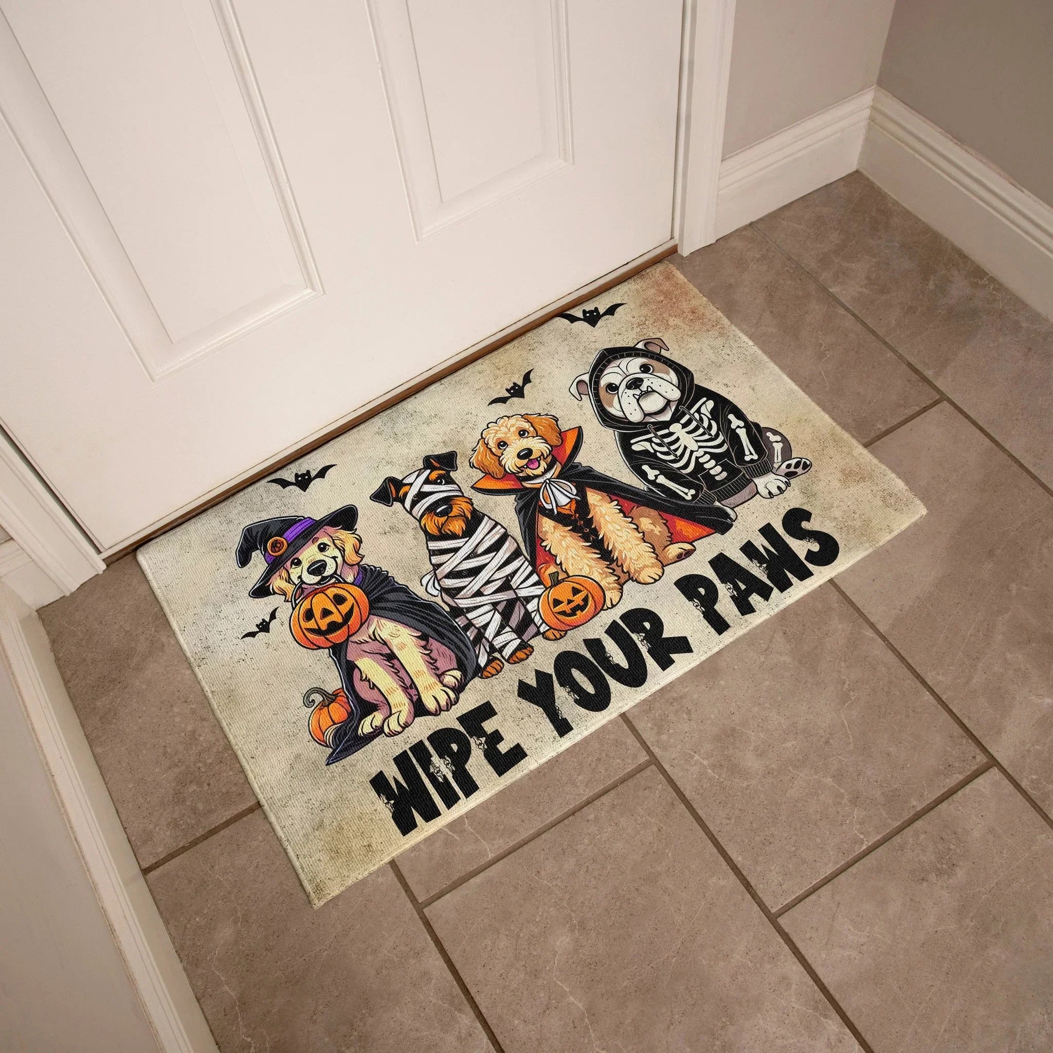 Wipe Your Paws Halloween Doormat – Cute Dogs in Costumes Welcome Mat – Funny Spooky Fall Decor for Dog Lovers