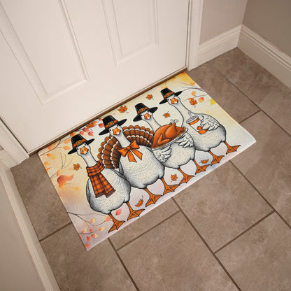 Thanksgiving Goose Family Doormat – Funny Fall Welcome Mat with Pilgrim Geese, Turkey, and Pumpkin Latte – Autumn Front Porch Décor