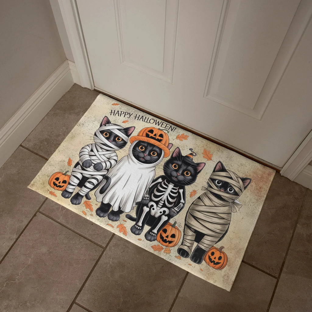 Happy Halloween Cat Doormat – Cute Black Cats in Costumes Welcome Mat – Funny Spooky Fall Décor for Cat Lovers