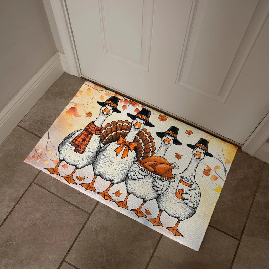 Thanksgiving Goose Family Doormat – Funny Fall Welcome Mat with Pilgrim Geese, Turkey, and Pumpkin Latte – Autumn Front Porch Décor