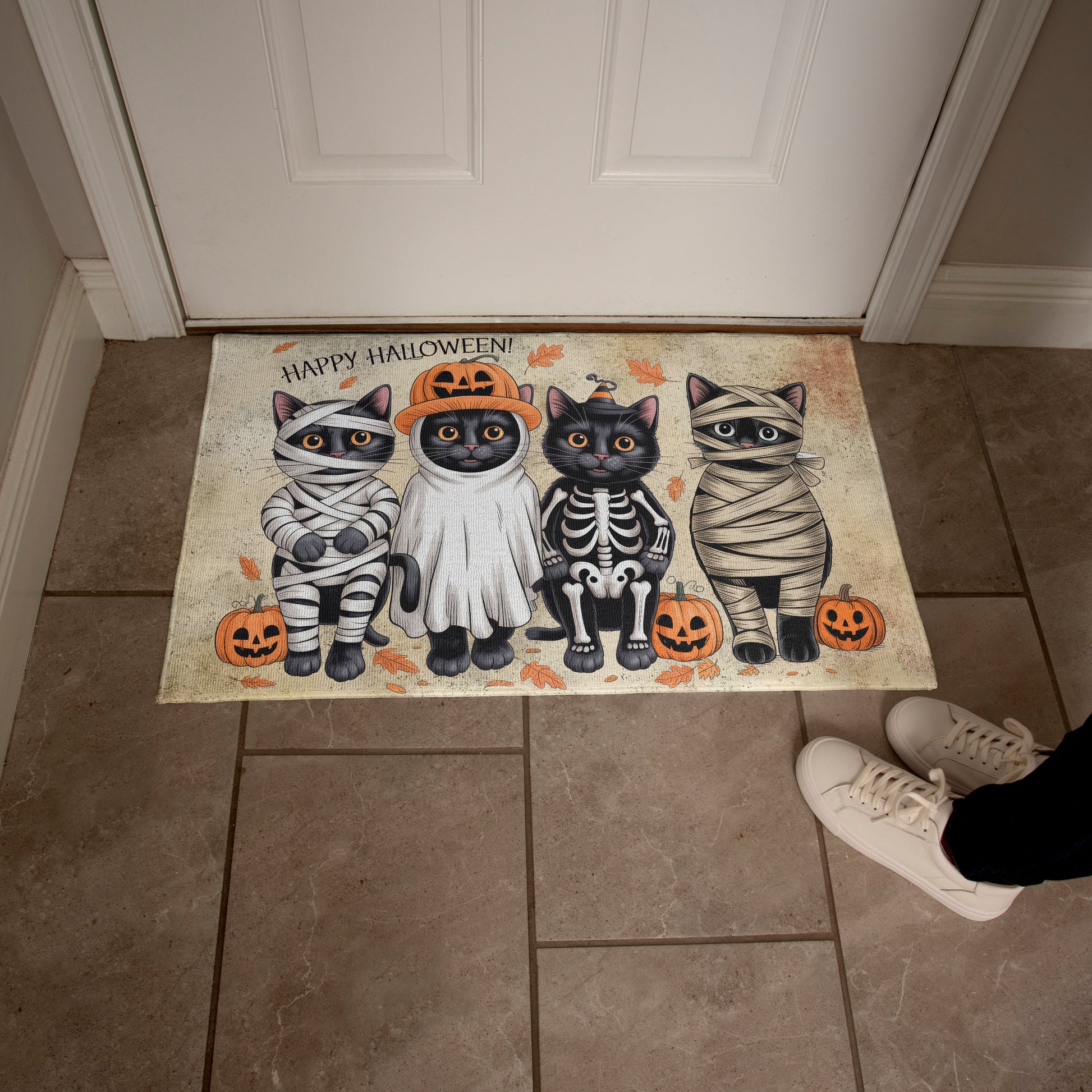Happy Halloween Cat Doormat – Cute Black Cats in Costumes Welcome Mat – Funny Spooky Fall Décor for Cat Lovers - Mallard Moon