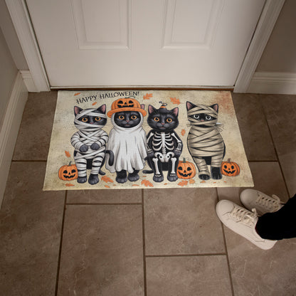Happy Halloween Cat Doormat – Cute Black Cats in Costumes Welcome Mat – Funny Spooky Fall Décor for Cat Lovers - Mallard Moon