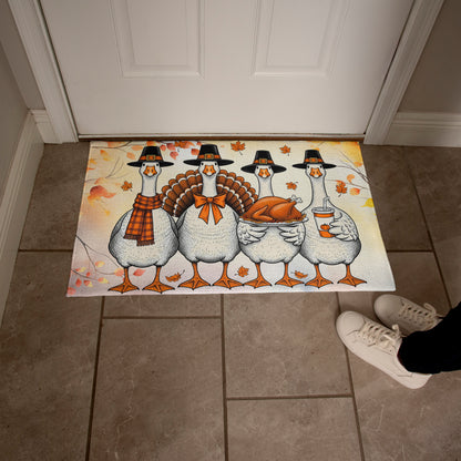 Thanksgiving Goose Family Doormat – Funny Fall Welcome Mat with Pilgrim Geese, Turkey, and Pumpkin Latte – Autumn Front Porch Décor