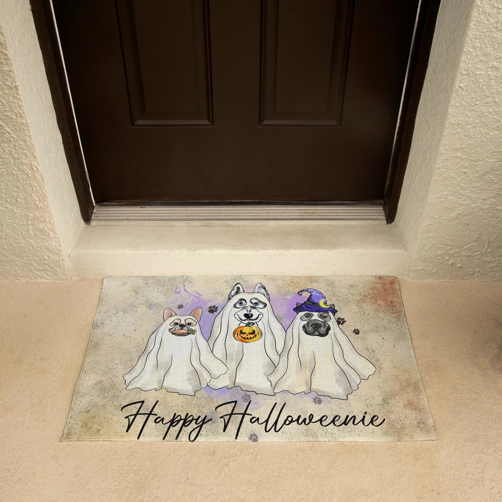 Happy Halloweenie Dog Doormat – Funny Ghost Dogs Welcome Mat – Cute Spooky Fall Décor for Dog Lovers