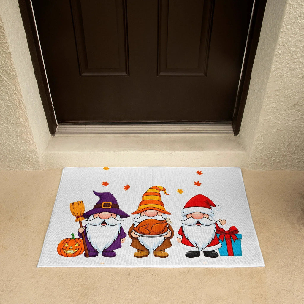 Holiday Gnome Trio Doormat – Halloween, Thanksgiving & Christmas All-in-One Welcome Mat – Cute Seasonal Full-Color Entry Rug