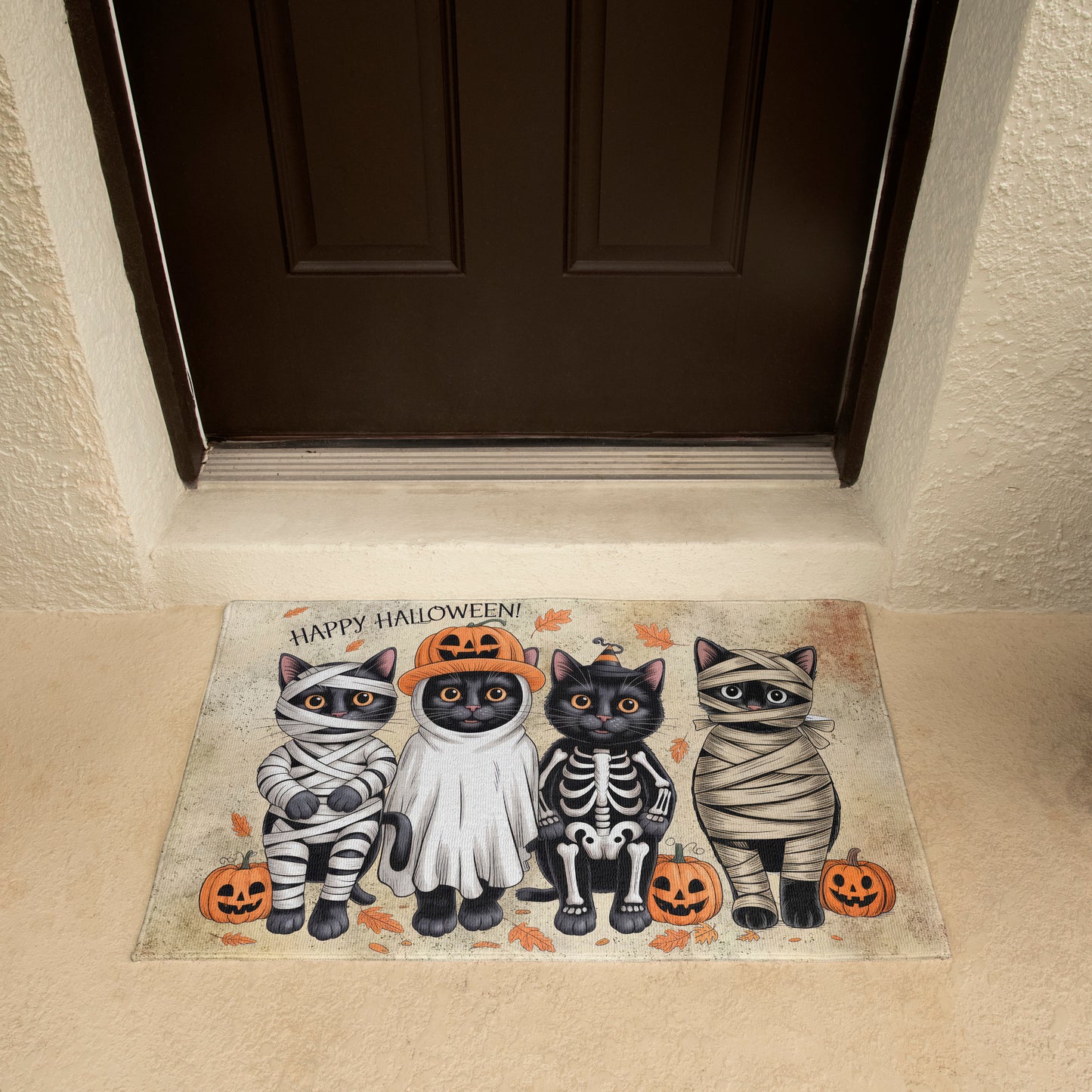 Happy Halloween Cat Doormat – Cute Black Cats in Costumes Welcome Mat – Funny Spooky Fall Décor for Cat Lovers - Mallard Moon