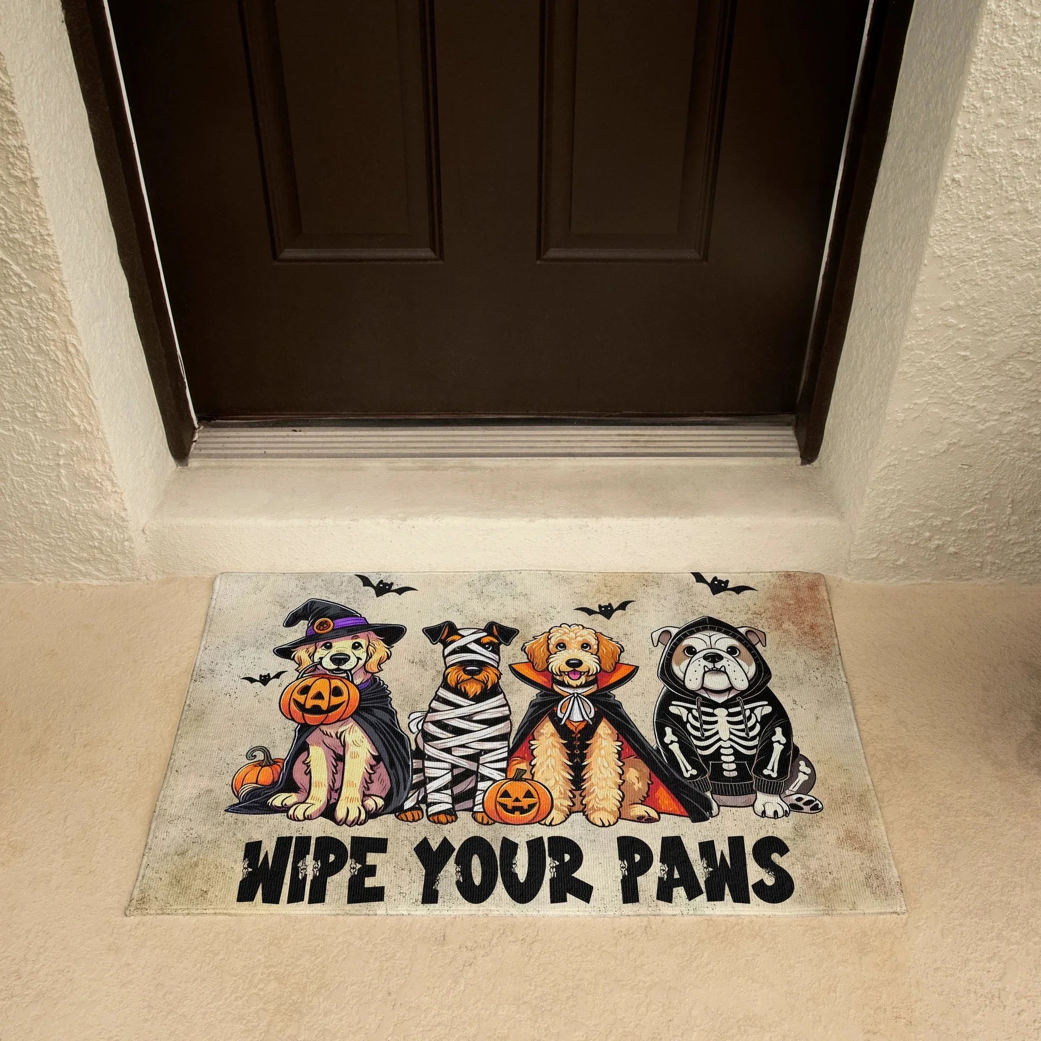 Wipe Your Paws Halloween Doormat – Cute Dogs in Costumes Welcome Mat – Funny Spooky Fall Decor for Dog Lovers