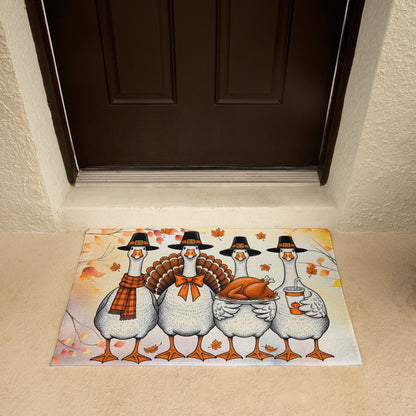 Thanksgiving Goose Family Doormat – Funny Fall Welcome Mat with Pilgrim Geese, Turkey, and Pumpkin Latte – Autumn Front Porch Décor