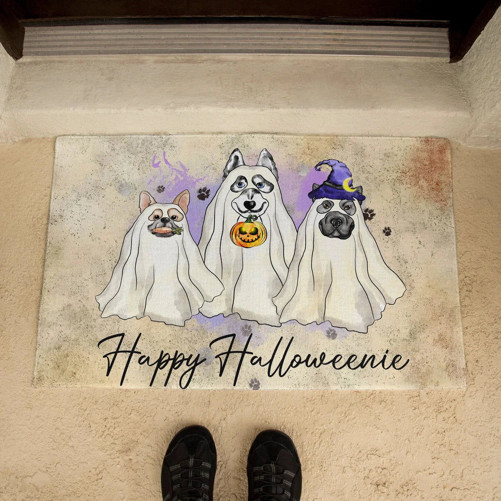 Happy Halloweenie Dog Doormat – Funny Ghost Dogs Welcome Mat – Cute Spooky Fall Décor for Dog Lovers