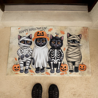 Happy Halloween Cat Doormat – Cute Black Cats in Costumes Welcome Mat – Funny Spooky Fall Décor for Cat Lovers - Mallard Moon