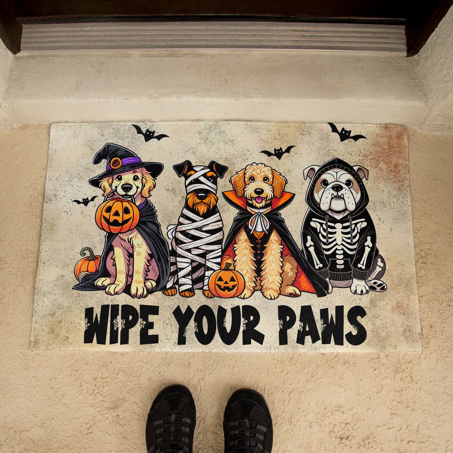 Wipe Your Paws Halloween Doormat – Cute Dogs in Costumes Welcome Mat – Funny Spooky Fall Decor for Dog Lovers - Mallard Moon