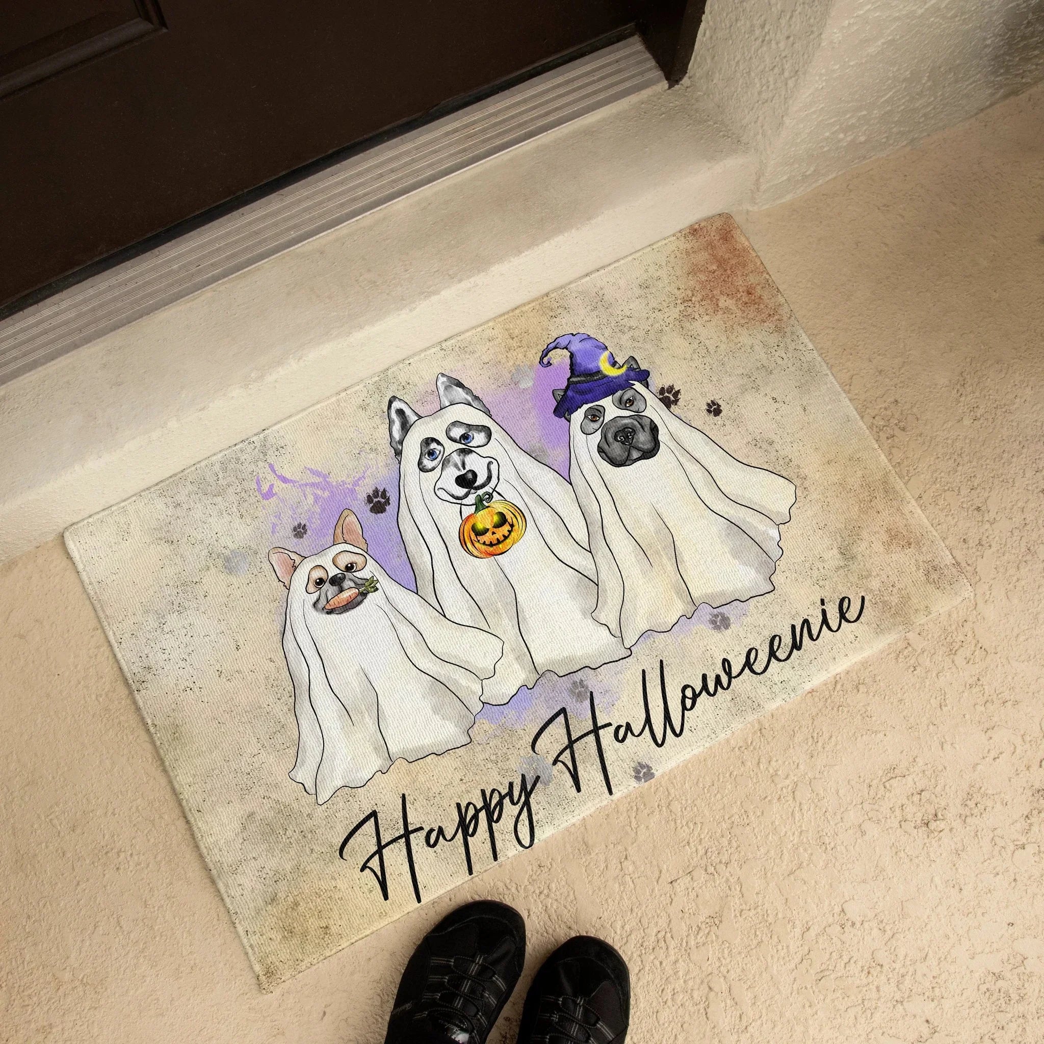 Happy Halloweenie Dog Doormat – Funny Ghost Dogs Welcome Mat – Cute Spooky Fall Décor for Dog Lovers