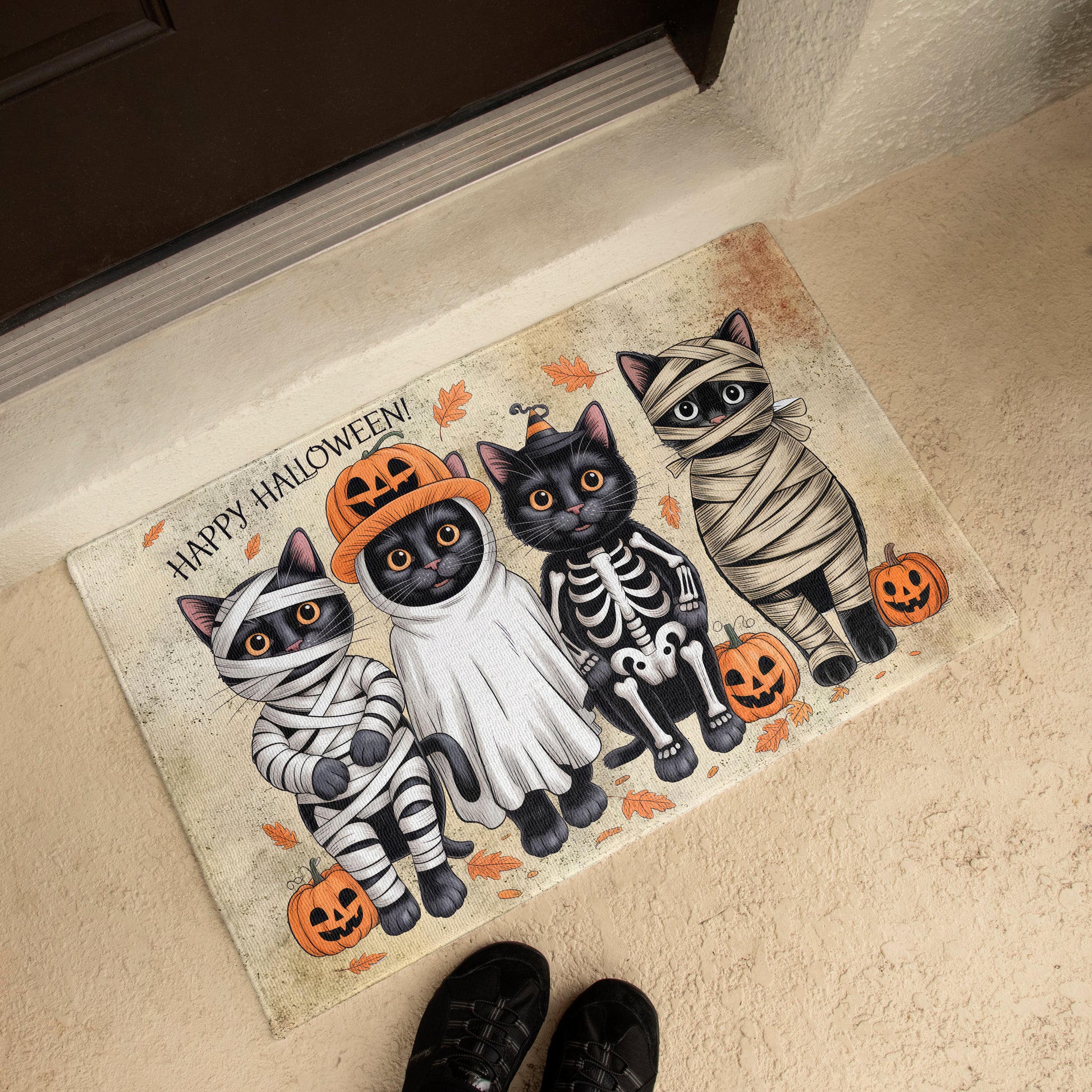Happy Halloween Cat Doormat – Cute Black Cats in Costumes Welcome Mat – Funny Spooky Fall Décor for Cat Lovers - Mallard Moon