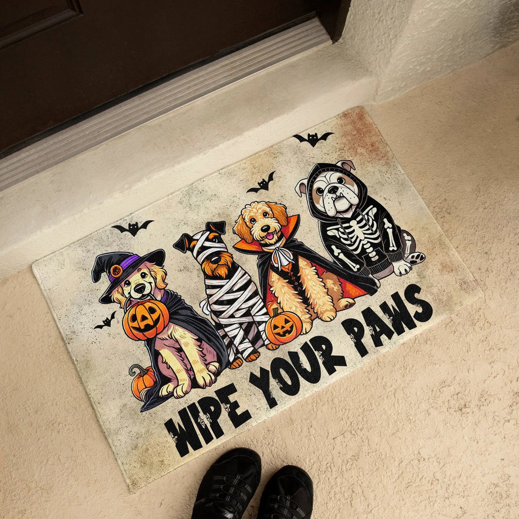 Wipe Your Paws Halloween Doormat – Cute Dogs in Costumes Welcome Mat – Funny Spooky Fall Decor for Dog Lovers