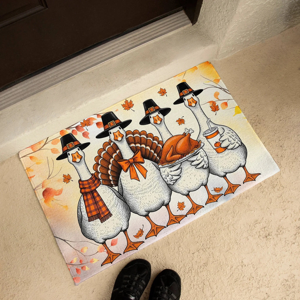 Thanksgiving Goose Family Doormat – Funny Fall Welcome Mat with Pilgrim Geese, Turkey, and Pumpkin Latte – Autumn Front Porch Décor
