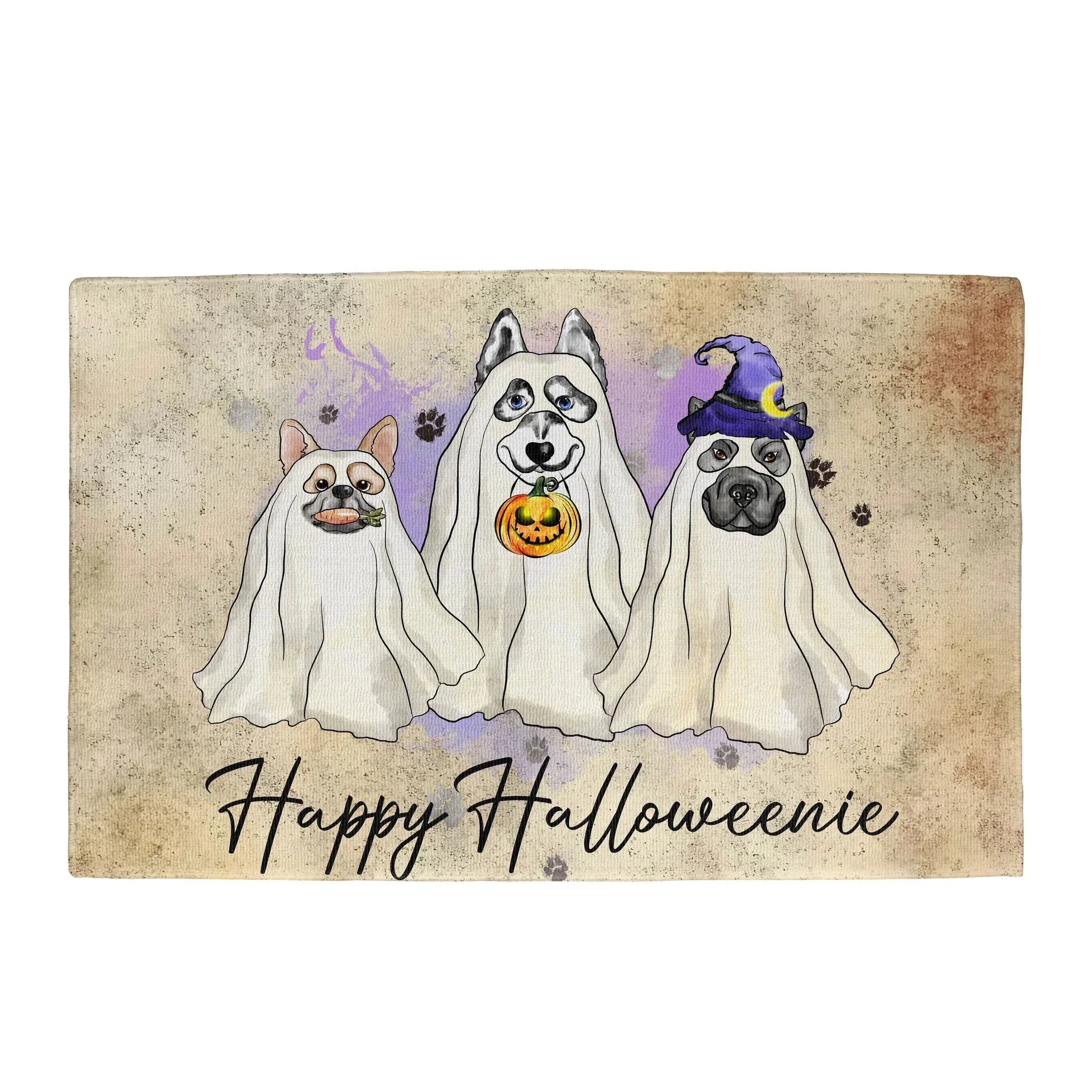 Happy Halloweenie Dog Doormat – Funny Ghost Dogs Welcome Mat – Cute Spooky Fall Décor for Dog Lovers