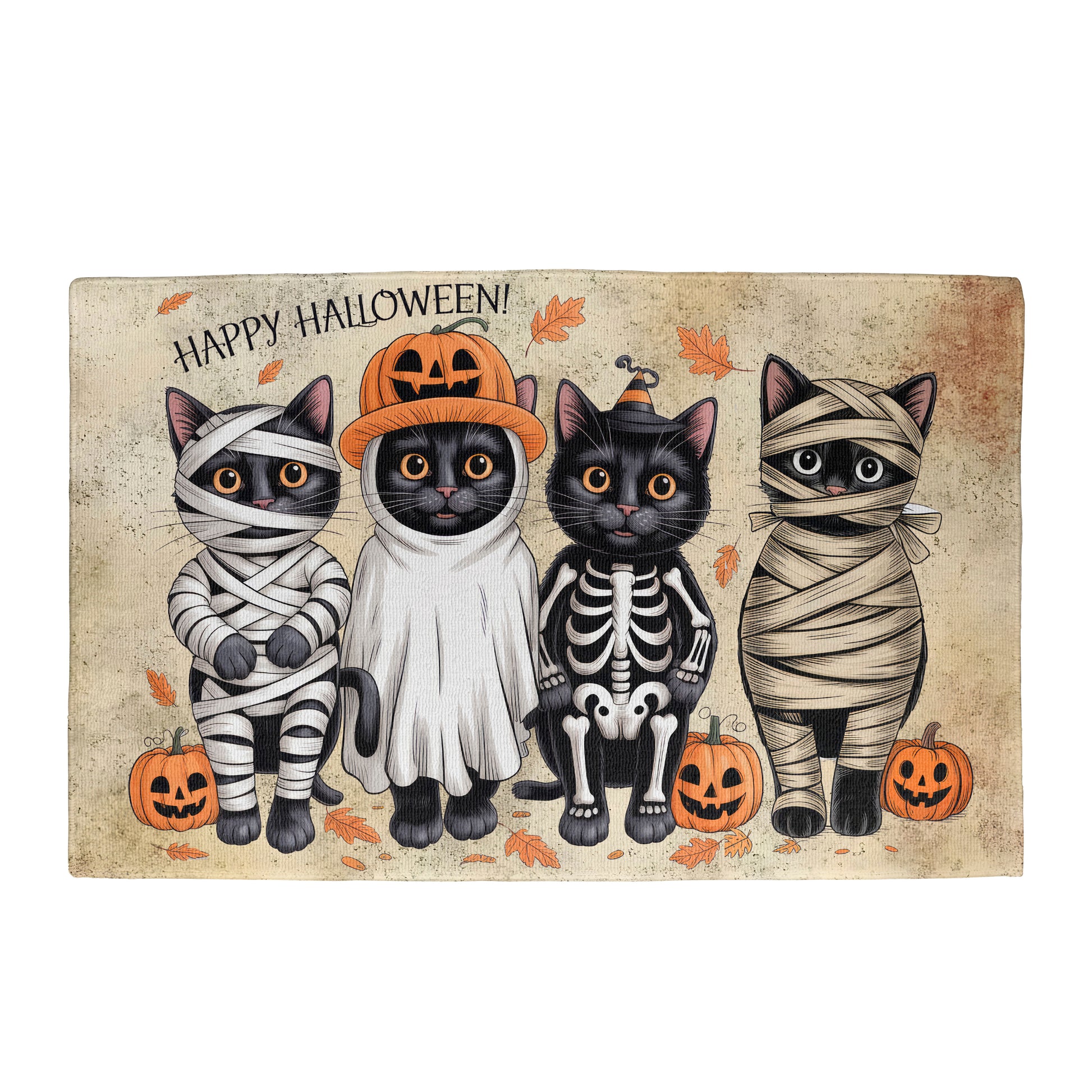 Happy Halloween Cat Doormat – Cute Black Cats in Costumes Welcome Mat – Funny Spooky Fall Décor for Cat Lovers - Mallard Moon