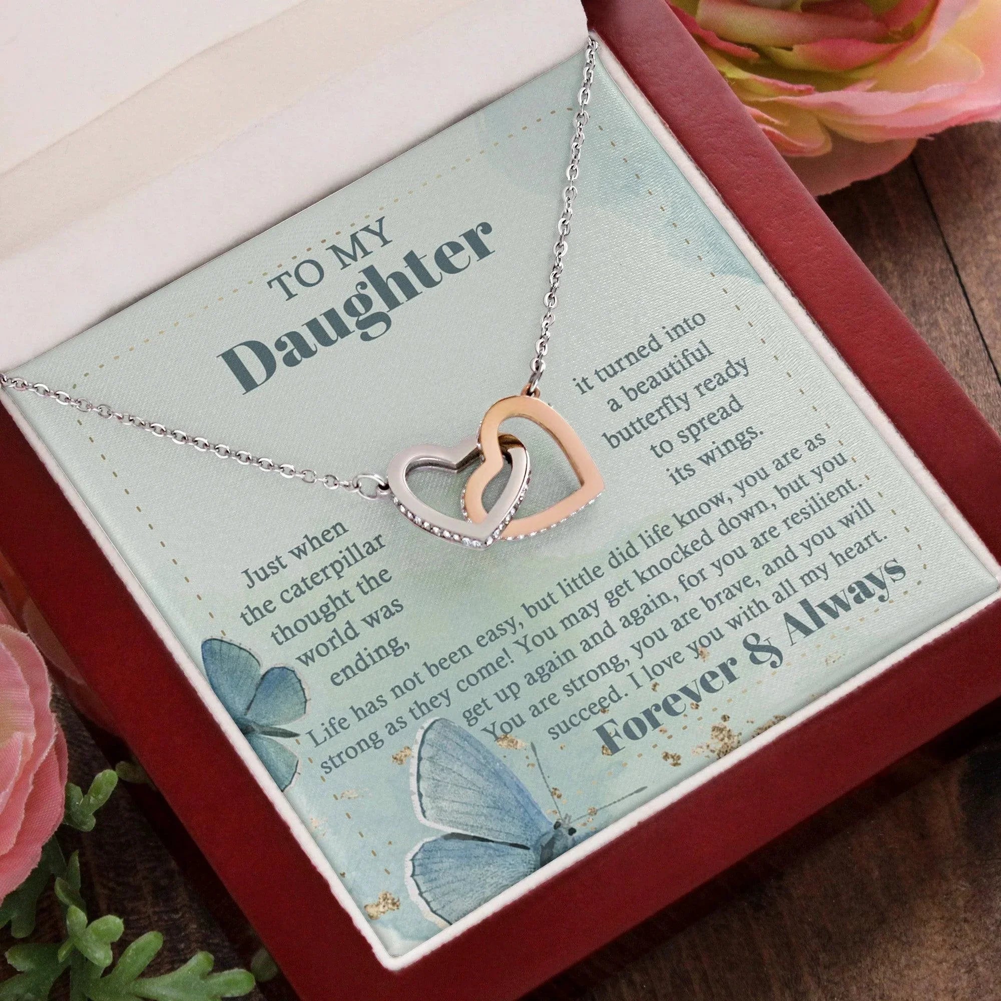 Gift for Birthday, Christmas - Daughter - Beautiful Butterfly - Interlocking Hearts Necklace