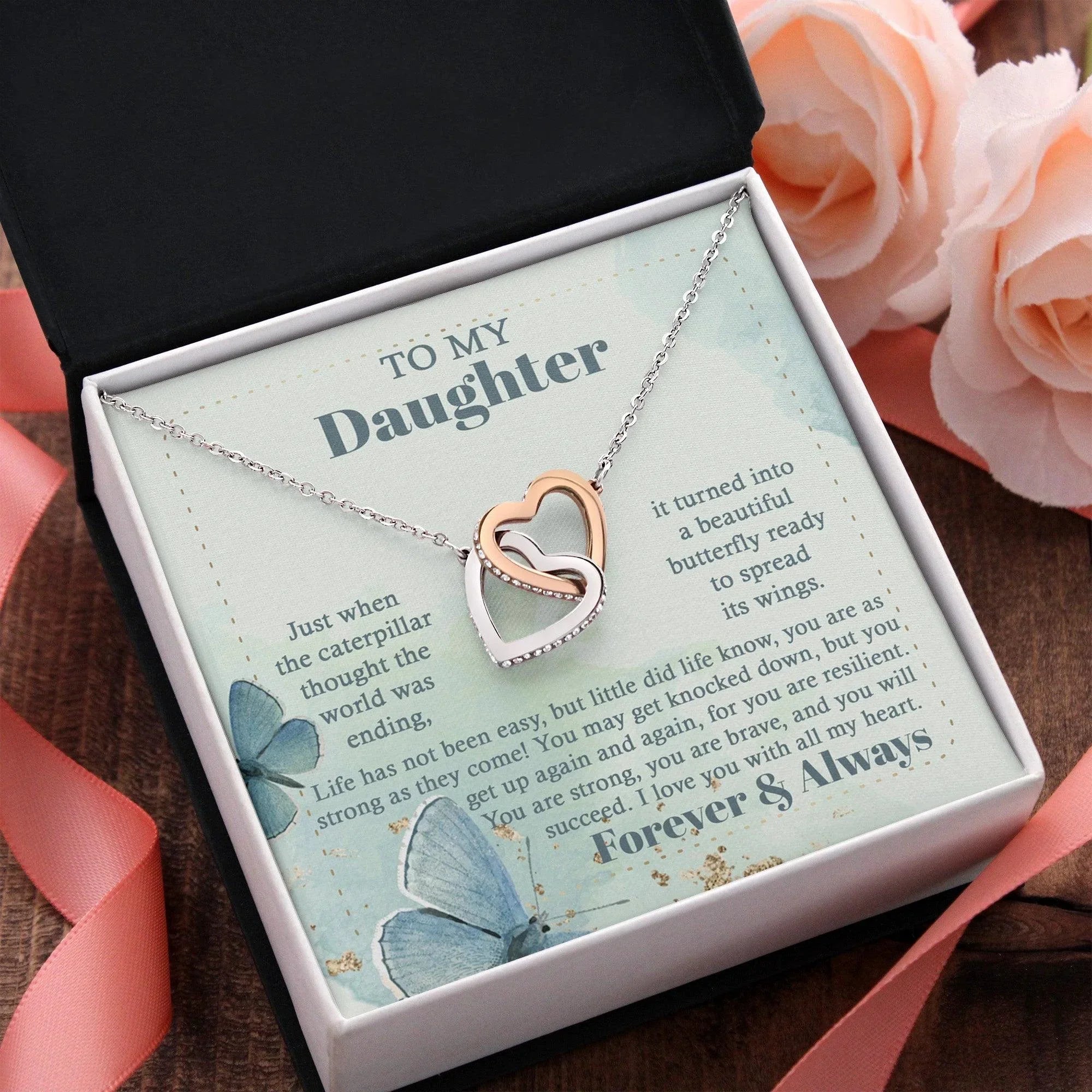Gift for Birthday, Christmas - Daughter - Beautiful Butterfly - Interlocking Hearts Necklace