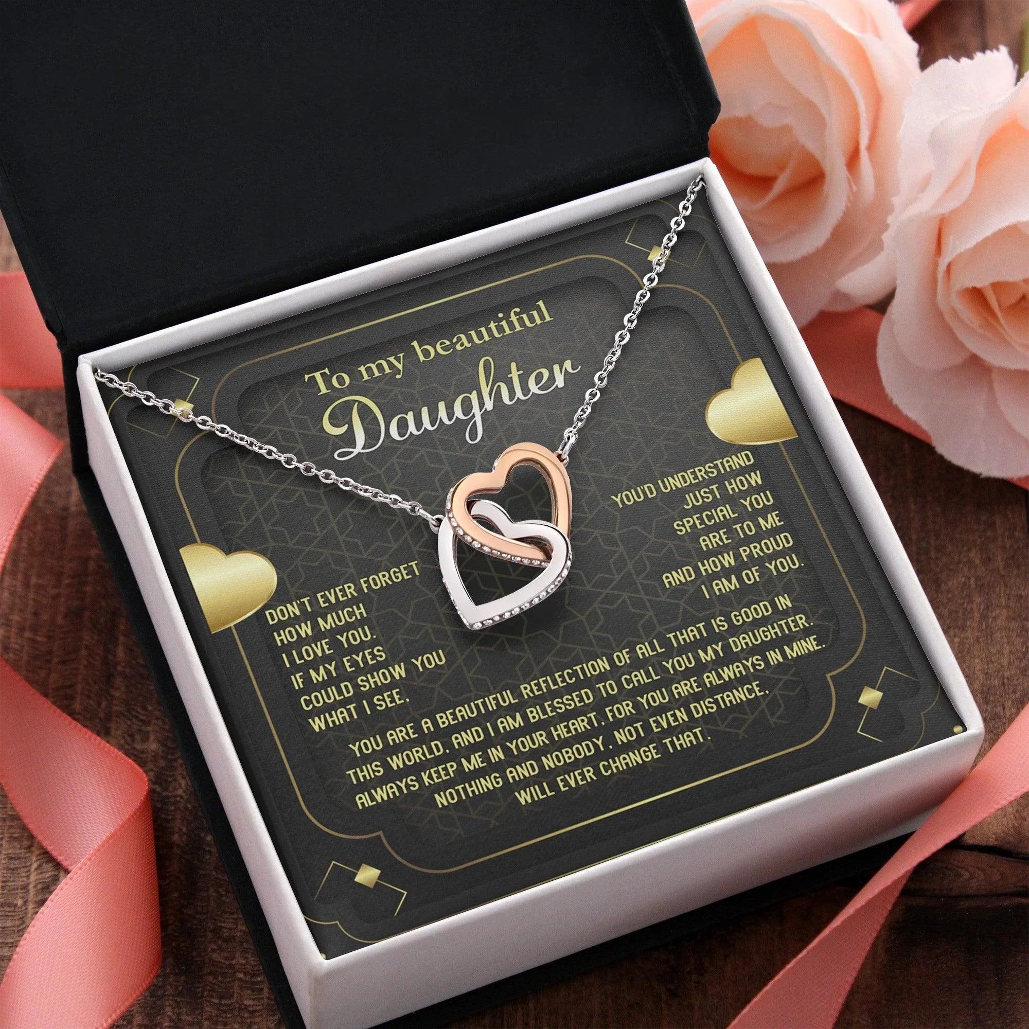 Daughter Gift for Birthday, Christmas, Graduation - Proud of You - Beautiful Reflection - Interlocking Hearts Necklace
