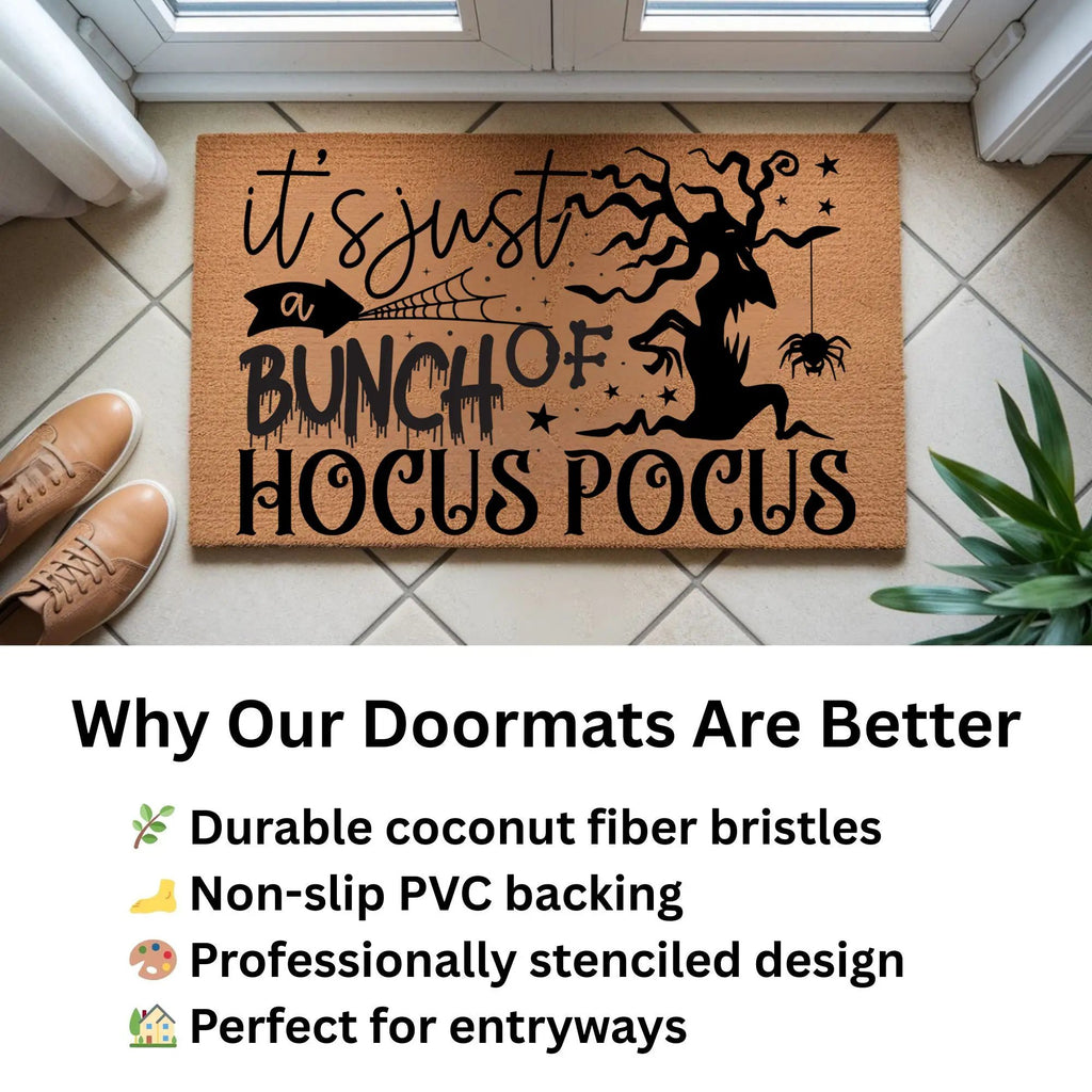 t’s Just a Bunch of Hocus Pocus Coir Doormat – Witchy Halloween Front Porch Decor | Funny Spooky Welcome Mat | Rustic Autumn Entry Rug