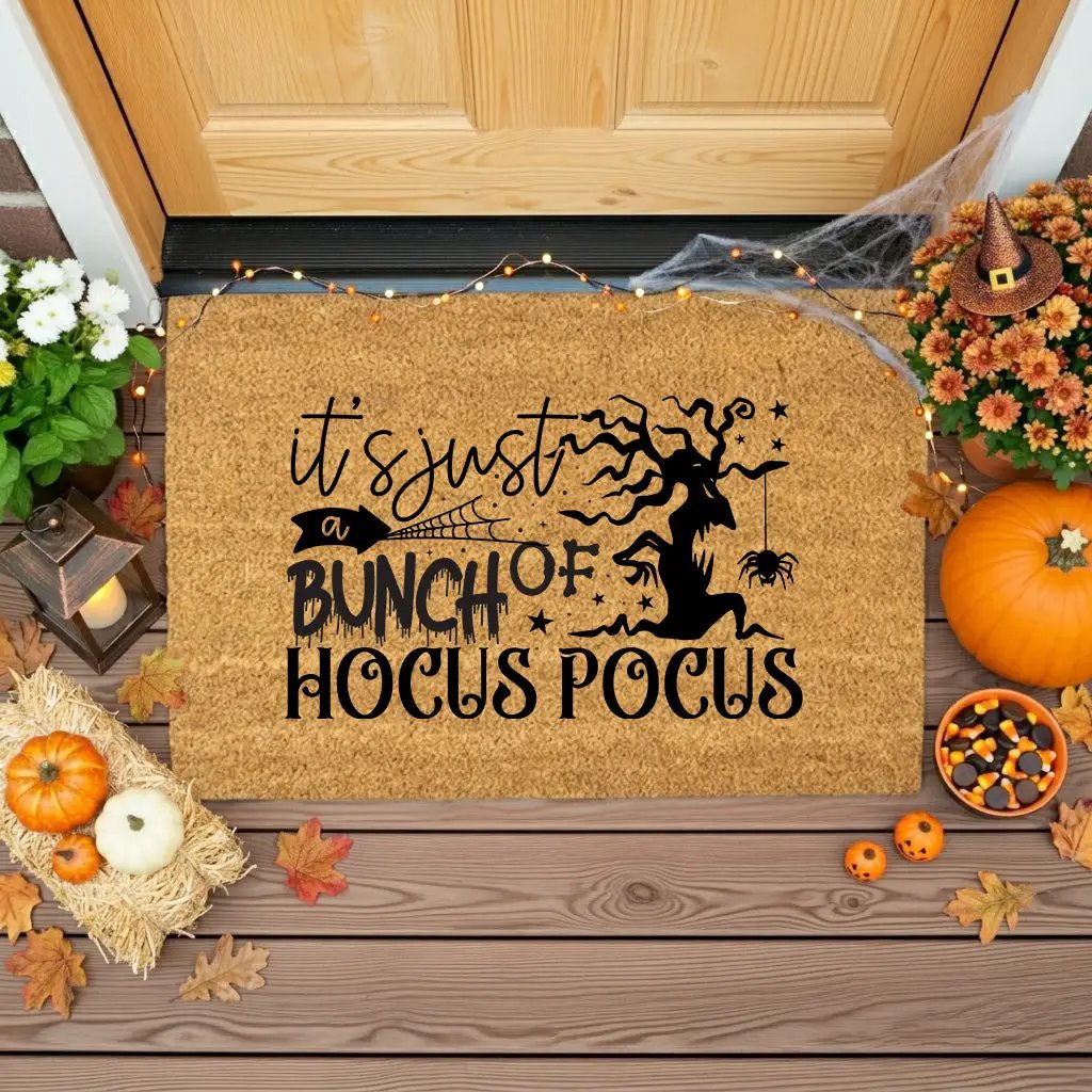 t’s Just a Bunch of Hocus Pocus Coir Doormat – Witchy Halloween Front Porch Decor | Funny Spooky Welcome Mat | Rustic Autumn Entry Rug