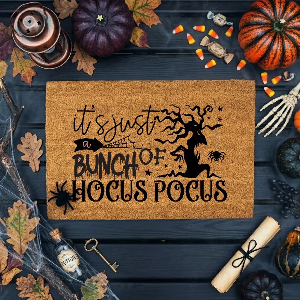 t’s Just a Bunch of Hocus Pocus Coir Doormat – Witchy Halloween Front Porch Decor | Funny Spooky Welcome Mat | Rustic Autumn Entry Rug